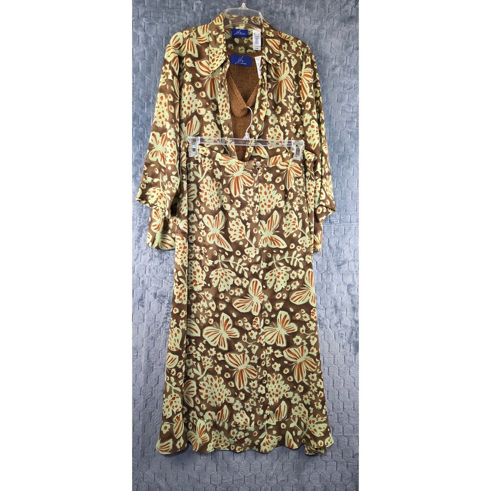 JH Collectibles 3pc‎ Set XL Brown Green Butterfly Shirt Maxi Skirt Knit Tank Top